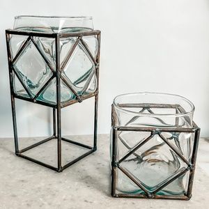 vintage caged bubble glass in metal pair of candle holders